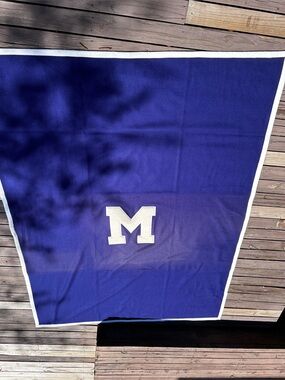 VTG ‘M’ WOOL BLANKET-60”x81”thick/warm-RARE; likely mid century-slt faded middle